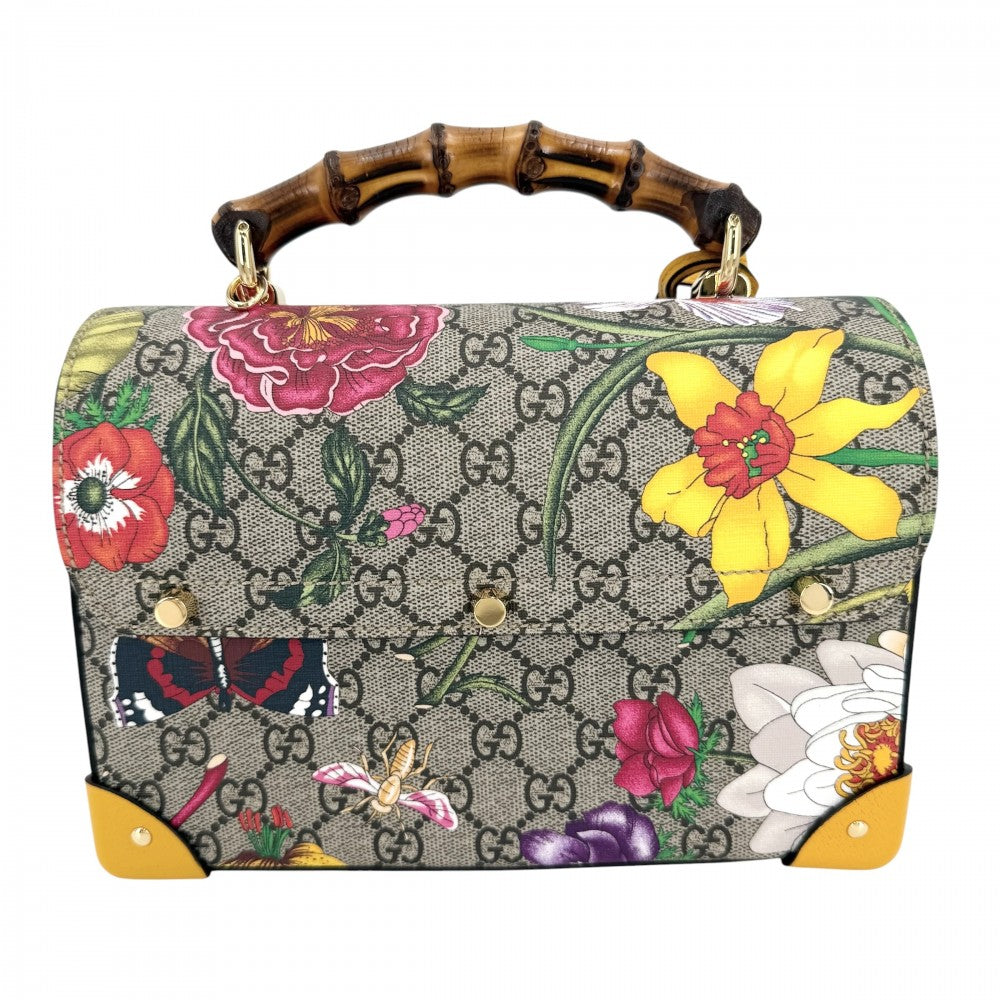 GUCCI グッチ 2WAY GGフローラ バンブー ハンドバック ショルダーバッグ 花 蝶 603221 GGスプリームキャンバス レザー ブラウン 茶 マルチカラー ゴールド金具 レディース【中古品】