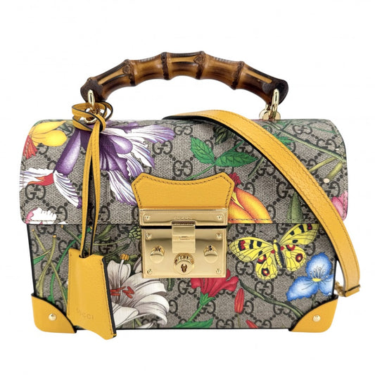 GUCCI グッチ 2WAY GGフローラ バンブー ハンドバック ショルダーバッグ 花 蝶 603221 GGスプリームキャンバス レザー ブラウン 茶 マルチカラー ゴールド金具 レディース【中古品】