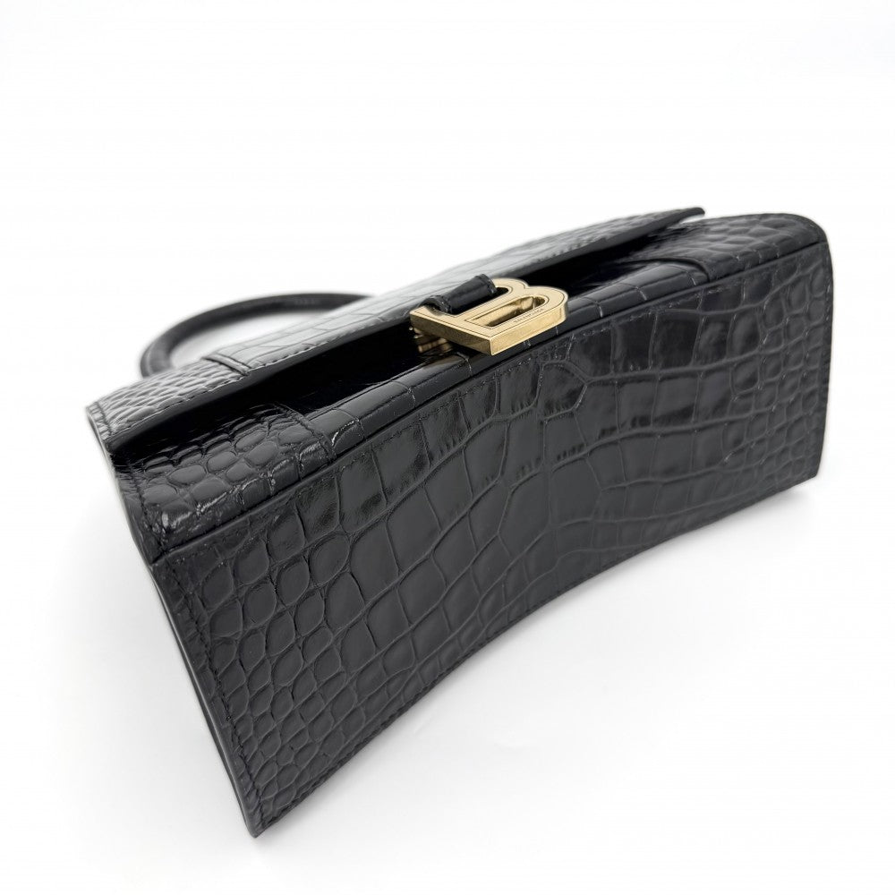 BALENCIAGA バレンシアガ 2WAY アワーグラス　スモール ハンドバッグ ショルダーバッグ HOURGLASS クロコ型押し トップハンドル 593546 レザー ブラック 黒 アンティークゴールド金具 レディース【中古品】