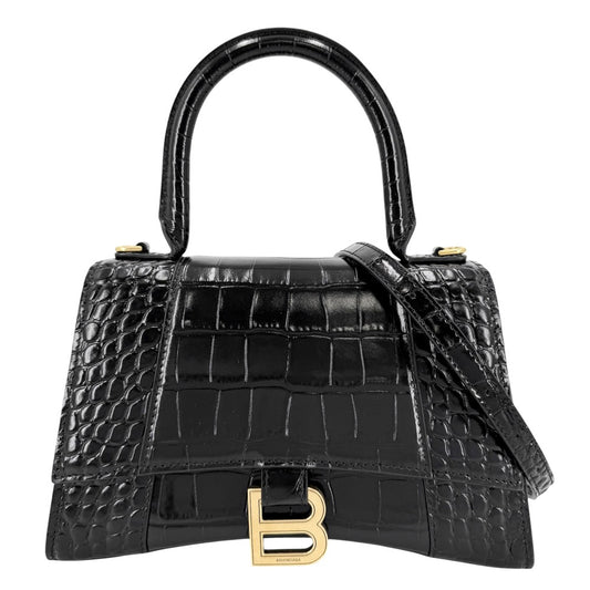 BALENCIAGA バレンシアガ 2WAY アワーグラス　スモール ハンドバッグ ショルダーバッグ HOURGLASS クロコ型押し トップハンドル 593546 レザー ブラック 黒 アンティークゴールド金具 レディース【中古品】