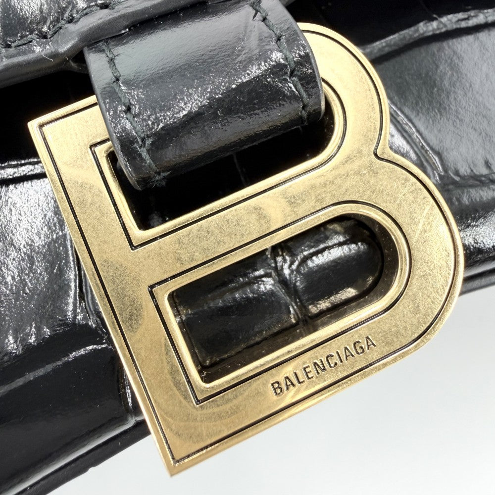 BALENCIAGA バレンシアガ 2WAY アワーグラス　スモール ハンドバッグ ショルダーバッグ HOURGLASS クロコ型押し トップハンドル 593546 レザー ブラック 黒 アンティークゴールド金具 レディース【中古品】