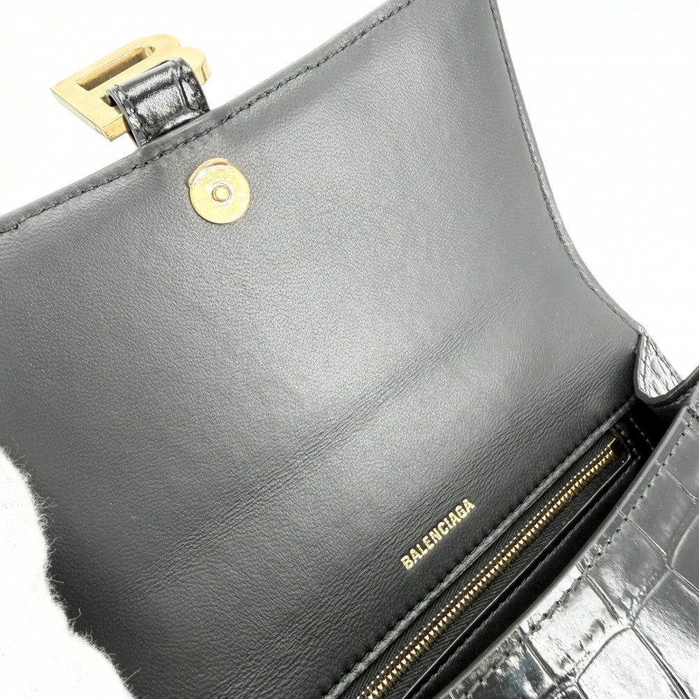 BALENCIAGA バレンシアガ 2WAY アワーグラス　スモール ハンドバッグ ショルダーバッグ HOURGLASS クロコ型押し トップハンドル 593546 レザー ブラック 黒 アンティークゴールド金具 レディース【中古品】