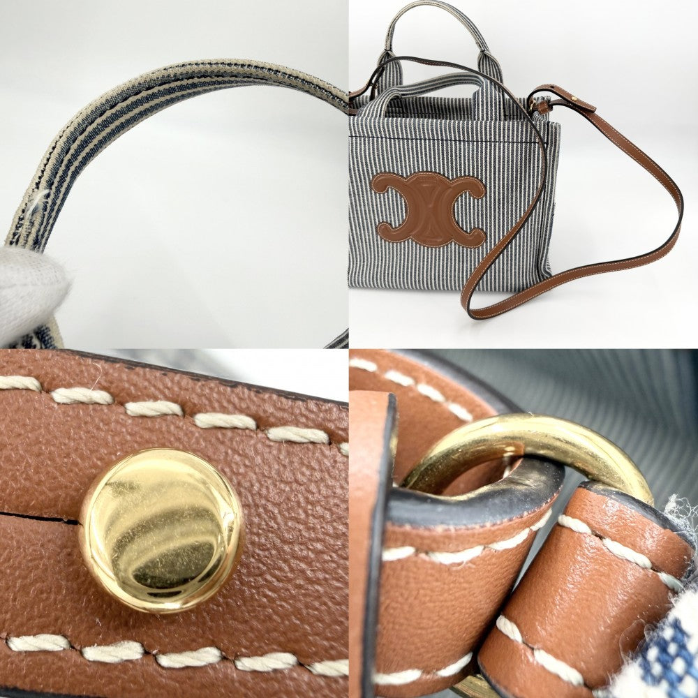 CELINE セリーヌ 2WAY トリオンフ スモール カバ タイス ハンドバッグ ショルダーバッグ THAIS ストライプ トートバッグ キャンバス ネイビー 紺 ホワイト 白 ゴールド金具 レディース【中古品】
