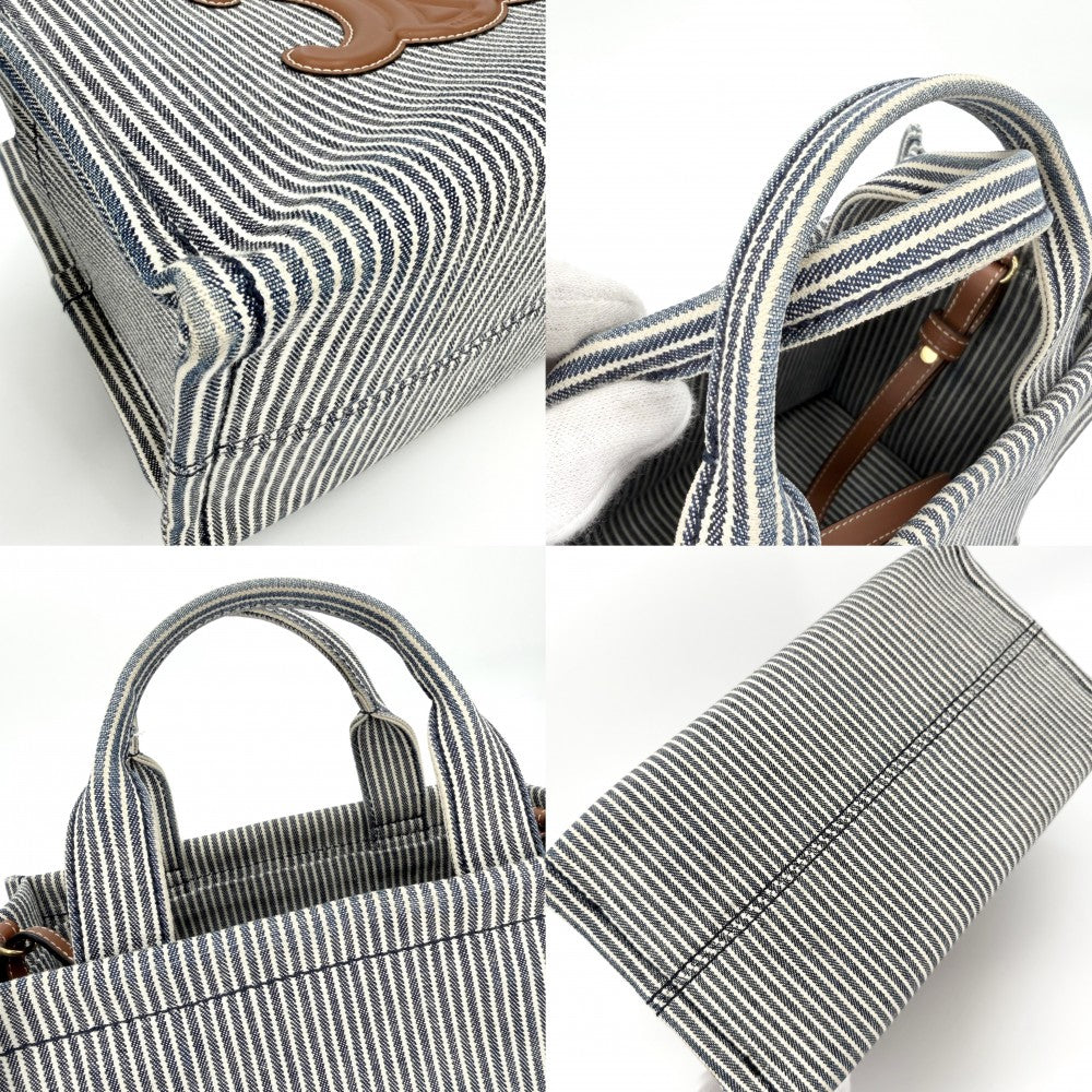 CELINE セリーヌ 2WAY トリオンフ スモール カバ タイス ハンドバッグ ショルダーバッグ THAIS ストライプ トートバッグ キャンバス ネイビー 紺 ホワイト 白 ゴールド金具 レディース【中古品】