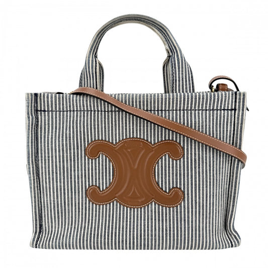CELINE セリーヌ 2WAY トリオンフ スモール カバ タイス ハンドバッグ ショルダーバッグ THAIS ストライプ トートバッグ キャンバス ネイビー 紺 ホワイト 白 ゴールド金具 レディース【中古品】