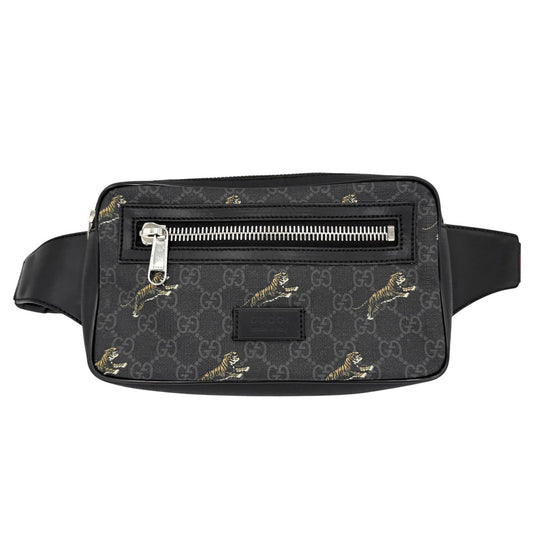 GUCCI グッチ ウエストバッグ タイガー ベルトバッグ ボディバッグ ウェブストライプ 小さめ 虎 474293 GGスプリームキャンバス レザー ブラック 黒 シルバー金具 メンズ【中古品】