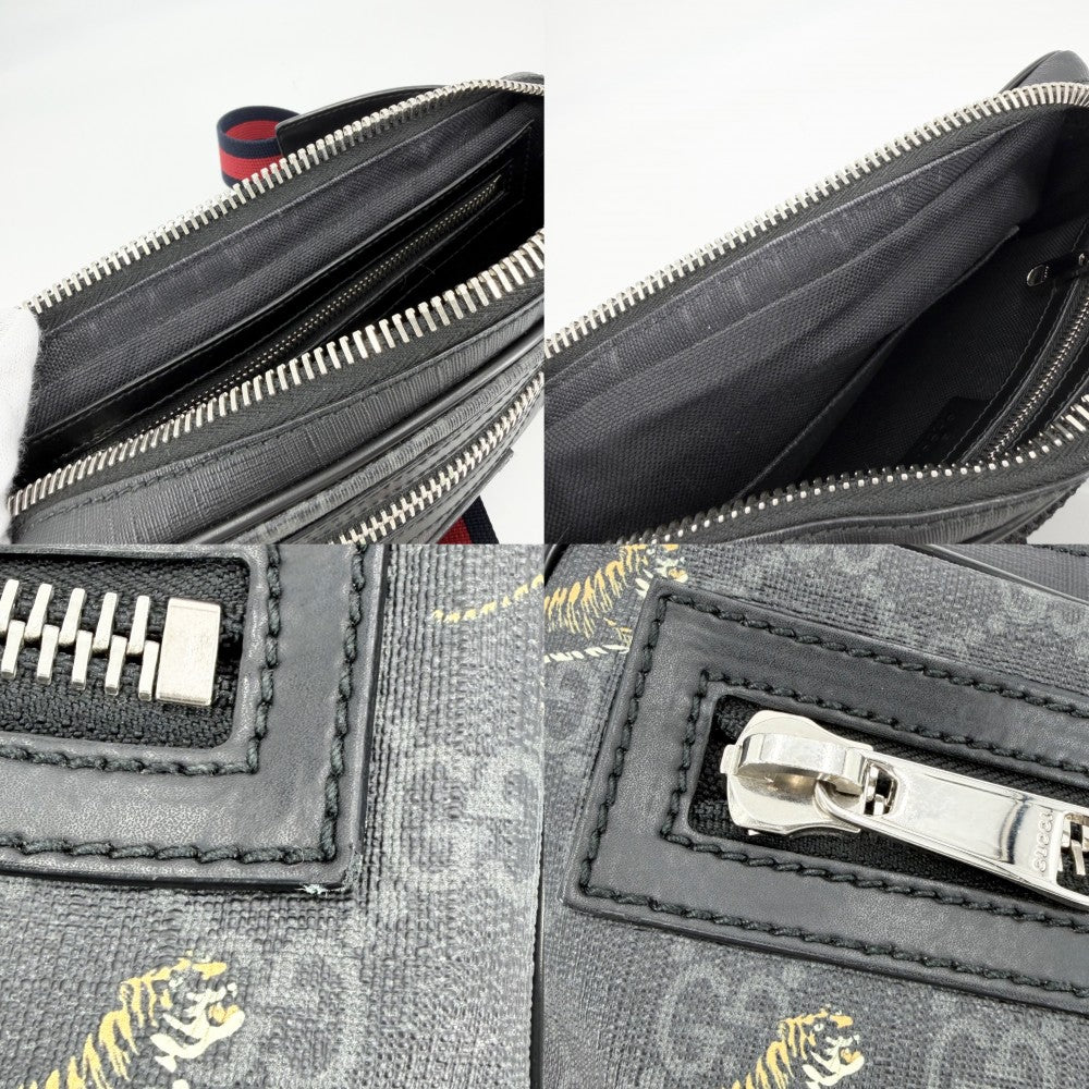 GUCCI グッチ ウエストバッグ タイガー ベルトバッグ ボディバッグ ウェブストライプ 小さめ 虎 474293 GGスプリームキャンバス レザー ブラック 黒 シルバー金具 メンズ【中古品】