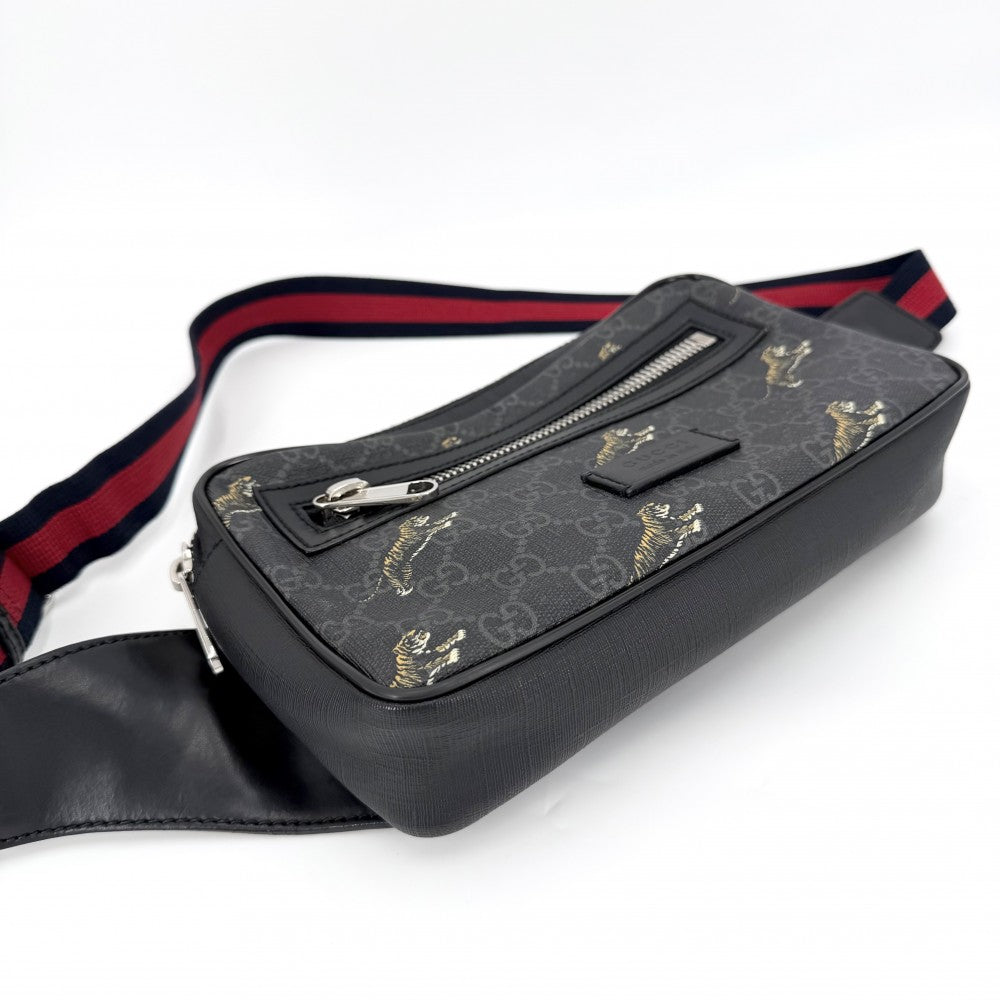 GUCCI グッチ ウエストバッグ タイガー ベルトバッグ ボディバッグ ウェブストライプ 小さめ 虎 474293 GGスプリームキャンバス レザー ブラック 黒 シルバー金具 メンズ【中古品】