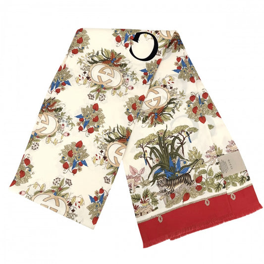 GUCCI グッチ ストール 100周年記念 花柄 大判スカーフ ファッションアイテム フラワー 692033 シルク ベージュ レッド 赤 レディース【中古品】