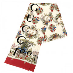 GUCCI グッチ ストール 100周年記念 花柄 大判スカーフ ファッションアイテム フラワー 692033 シルク ベージュ レッド 赤 レディース【中古品】