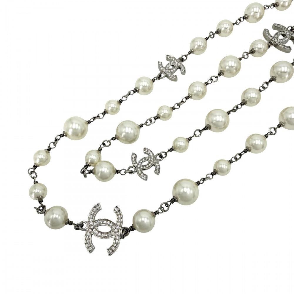 CHANEL シャネル ネックレス ココマーク ロングネックレス アクセサリー フェイクパール ラインストーン A23V ホワイト 白 シルバー レディース 約91.4g 2023年【中古品】