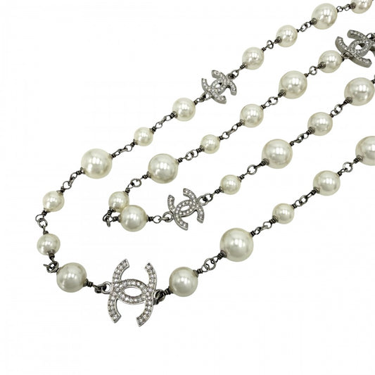 CHANEL シャネル ネックレス ココマーク ロングネックレス アクセサリー フェイクパール ラインストーン A23V ホワイト 白 シルバー レディース 約91.4g 2023年【中古品】