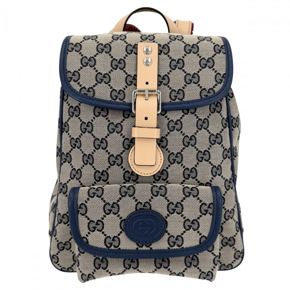 GUCCI グッチ リュック チルドレン バックパック 630818 GGキャンバス レザー ブラウン 茶 ネイビー 紺 シルバー金具 キッズ【中古品】