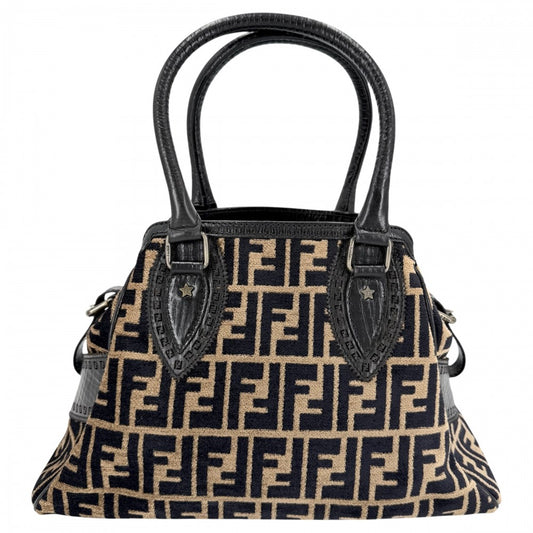 FENDI フェンディ ハンドバッグ ズッカ エトニコ 8BN157 ベロア レザー ブラウン 茶 ブラック 黒 ガンメタル金具 レディース【中古品】