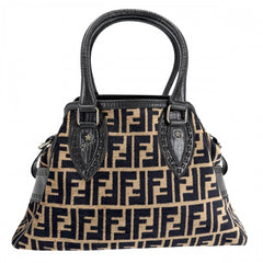 FENDI フェンディ ハンドバッグ ズッカ エトニコ 8BN157 ベロア レザー ブラウン 茶 ブラック 黒 ガンメタル金具 レディース【中古品】