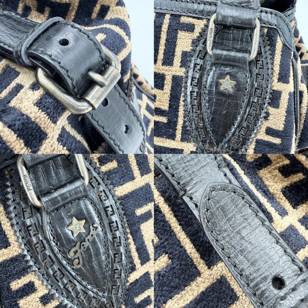 FENDI フェンディ ハンドバッグ ズッカ エトニコ 8BN157 ベロア レザー ブラウン 茶 ブラック 黒 ガンメタル金具 レディース【中古品】