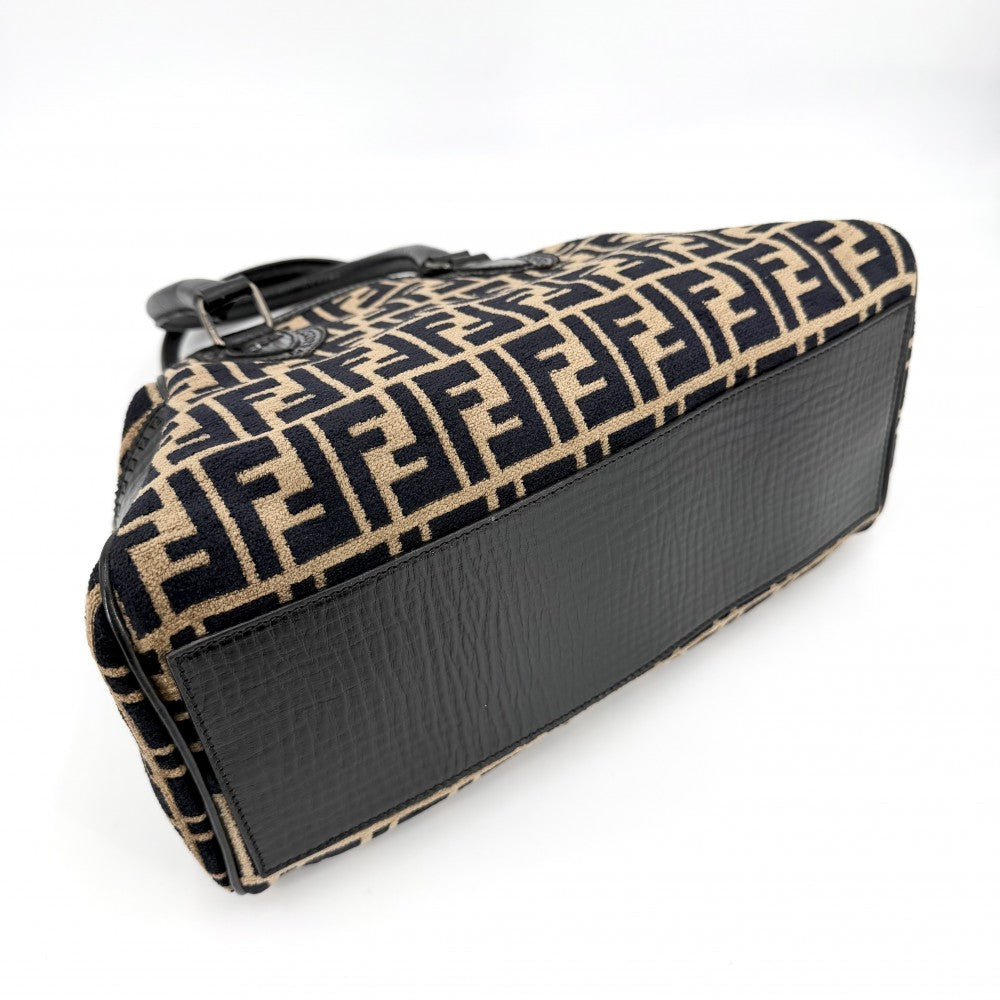 FENDI フェンディ ハンドバッグ ズッカ エトニコ 8BN157 ベロア レザー ブラウン 茶 ブラック 黒 ガンメタル金具 レディース【中古品】