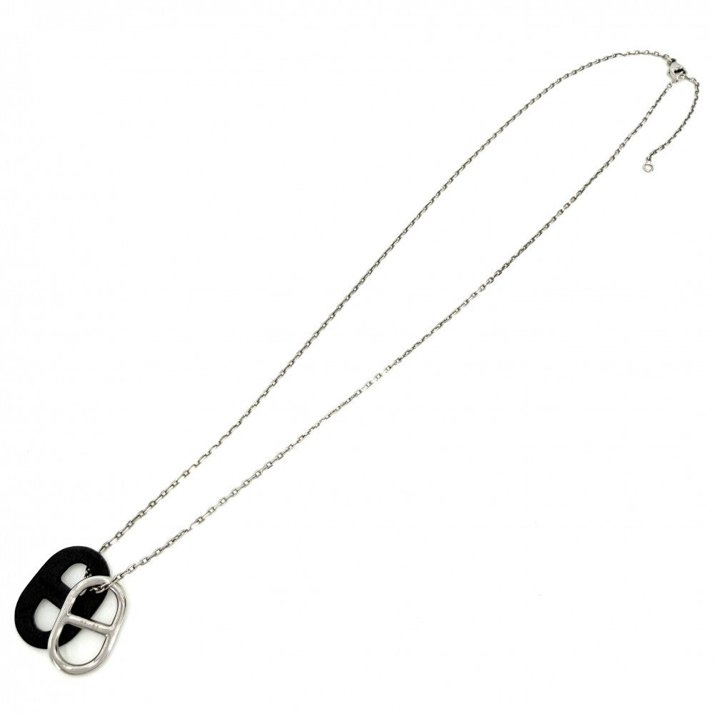 HERMES エルメス ネックレス O'MAILLON オーマイヨン シェーヌダンクル ペンダント アクセサリー レザー シルバー ブラック 黒 レディース 約4.4g【中古品】