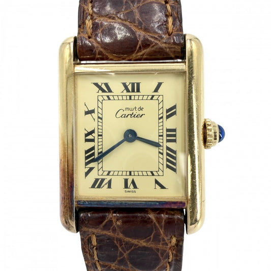CARTIER カルティエ 腕時計 マストタンク SM ヴェルメイユ ウォッチ ベージュローマン 1613 クオーツ レザー ブラウン 茶 ゴールド レディース【中古品】