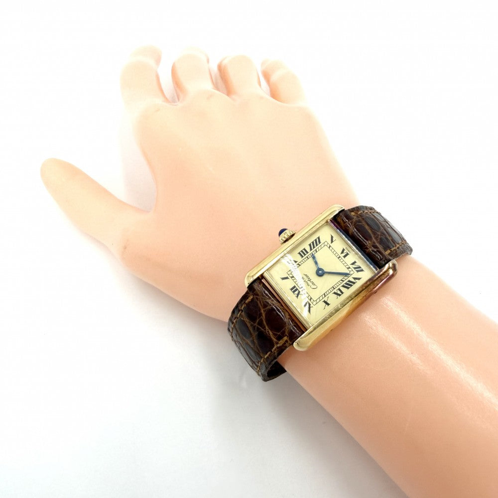 CARTIER カルティエ 腕時計 マストタンク SM ヴェルメイユ ウォッチ ベージュローマン 1613 クオーツ レザー ブラウン 茶 ゴールド レディース【中古品】