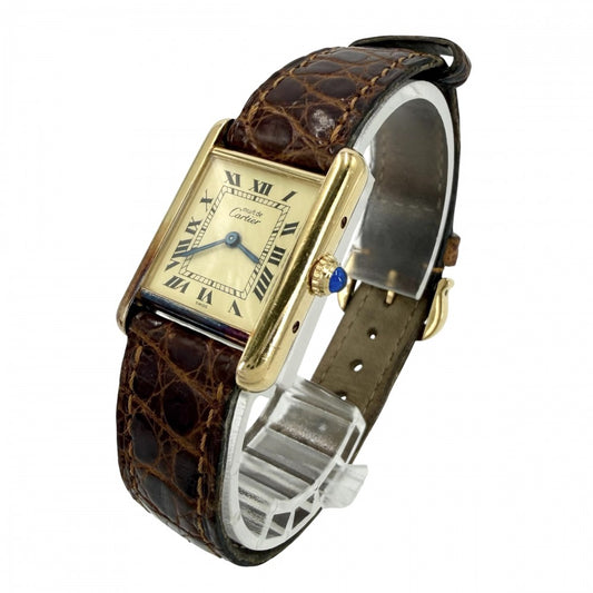 CARTIER カルティエ 腕時計 マストタンク SM ヴェルメイユ ウォッチ ベージュローマン 1613 クオーツ レザー ブラウン 茶 ゴールド レディース【中古品】