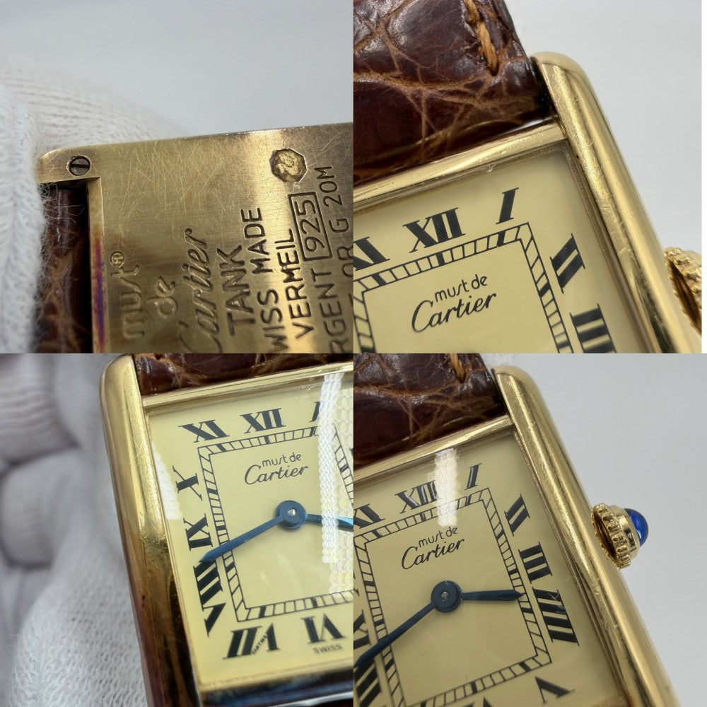 CARTIER カルティエ 腕時計 マストタンク SM ヴェルメイユ ウォッチ ベージュローマン 1613 クオーツ レザー ブラウン 茶 ゴールド レディース【中古品】
