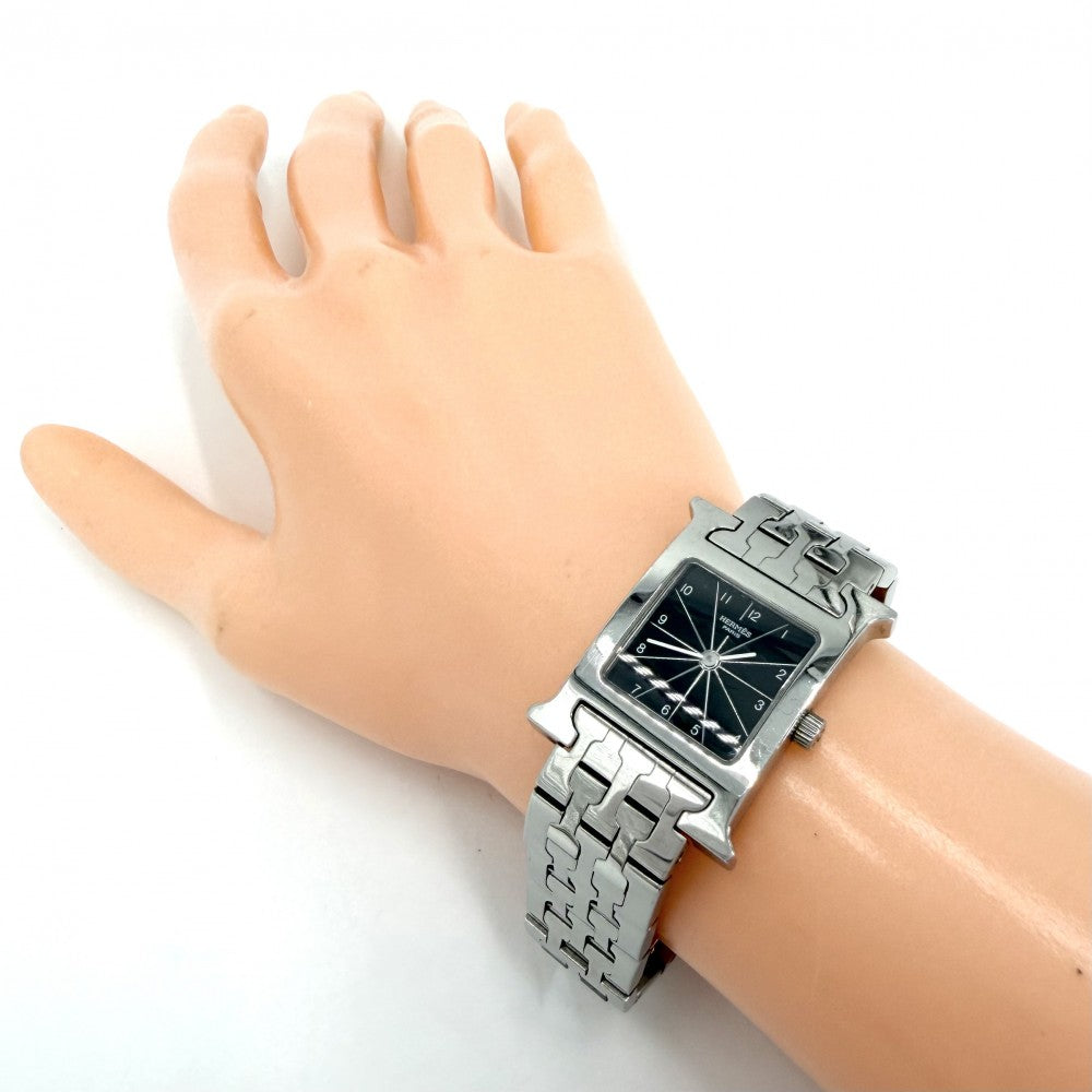 HERMES エルメス 腕時計 Hウォッチ QZ 黒文字盤 H WATCH 電池式 SS HH1.210 クオーツ ステンレススチール シルバー ブラック 黒 レディース【中古品】