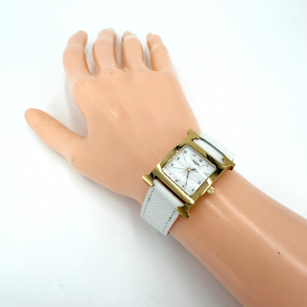 HERMES エルメス 腕時計 Hウォッチ 電池式 ホワイト文字盤 H WATCH HH1.201 クオーツ レザー ゴールド ホワイト 白 レディース 2007年【中古品】