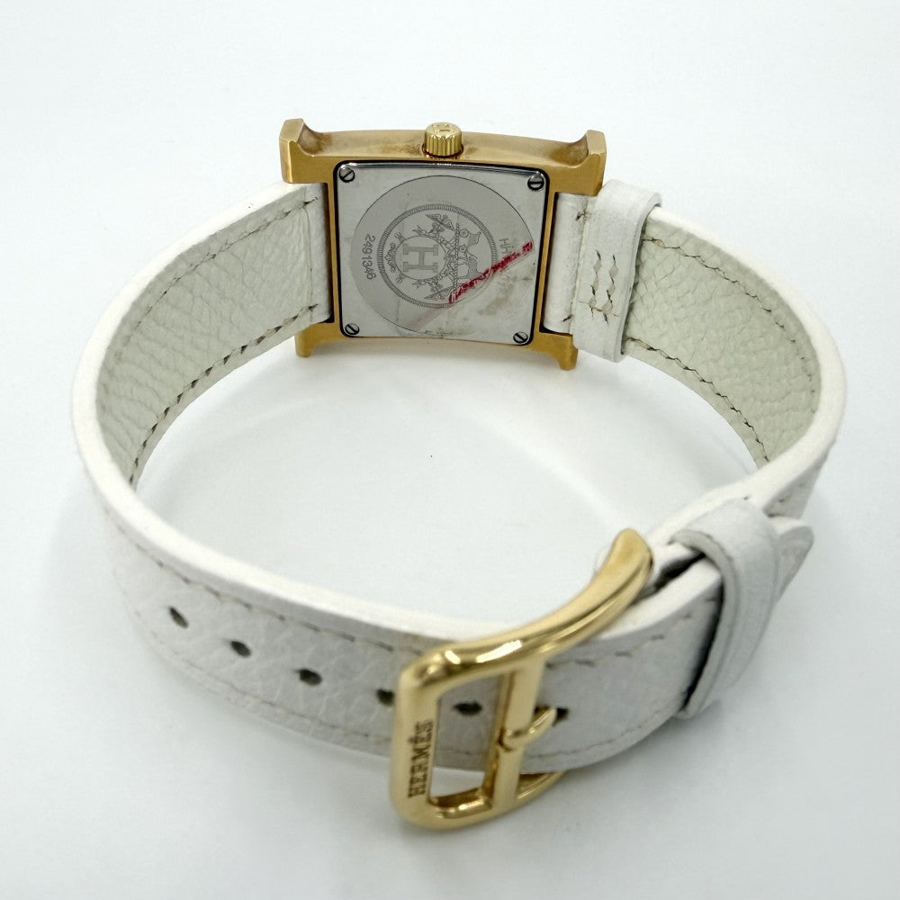 HERMES エルメス 腕時計 Hウォッチ 電池式 ホワイト文字盤 H WATCH HH1.201 クオーツ レザー ゴールド ホワイト 白 レディース 2007年【中古品】