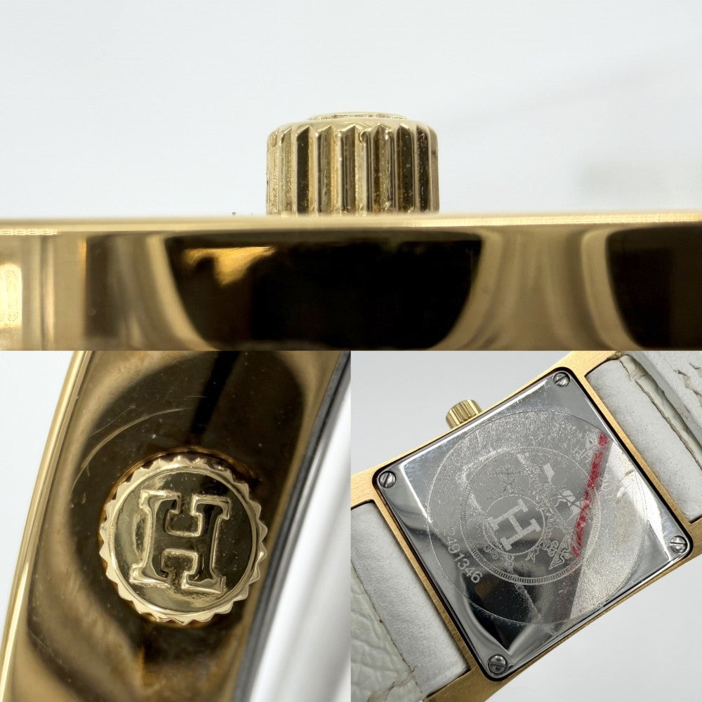 HERMES エルメス 腕時計 Hウォッチ 電池式 ホワイト文字盤 H WATCH HH1.201 クオーツ レザー ゴールド ホワイト 白 レディース 2007年【中古品】