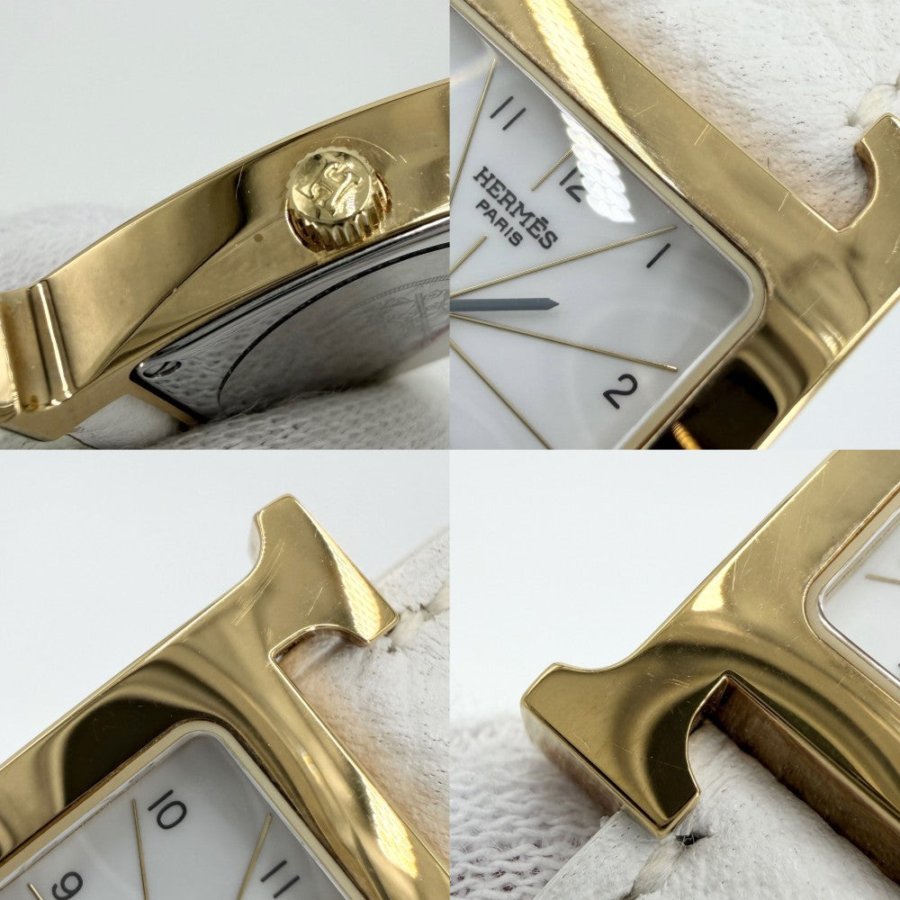 HERMES エルメス 腕時計 Hウォッチ 電池式 ホワイト文字盤 H WATCH HH1.201 クオーツ レザー ゴールド ホワイト 白 レディース 2007年【中古品】