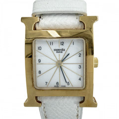 HERMES エルメス 腕時計 Hウォッチ 電池式 ホワイト文字盤 H WATCH HH1.201 クオーツ レザー ゴールド ホワイト 白 レディース 2007年【中古品】