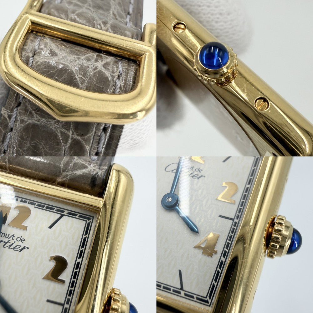 CARTIER カルティエ 腕時計 マストタンク SM ヴェルメイユ ウォッチ アラビア文字盤 182709 クオーツ レザー ステンレススチール シルバー925 グレー系 ゴールド レディース【中古品】