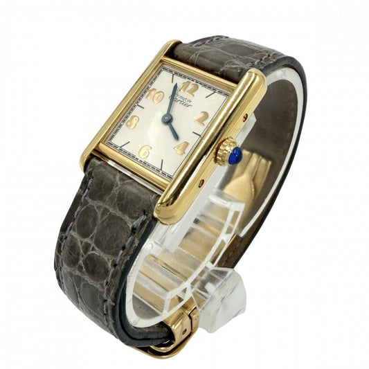 CARTIER カルティエ 腕時計 マストタンク SM ヴェルメイユ ウォッチ アラビア文字盤 182709 クオーツ レザー ステンレススチール シルバー925 グレー系 ゴールド レディース【中古品】