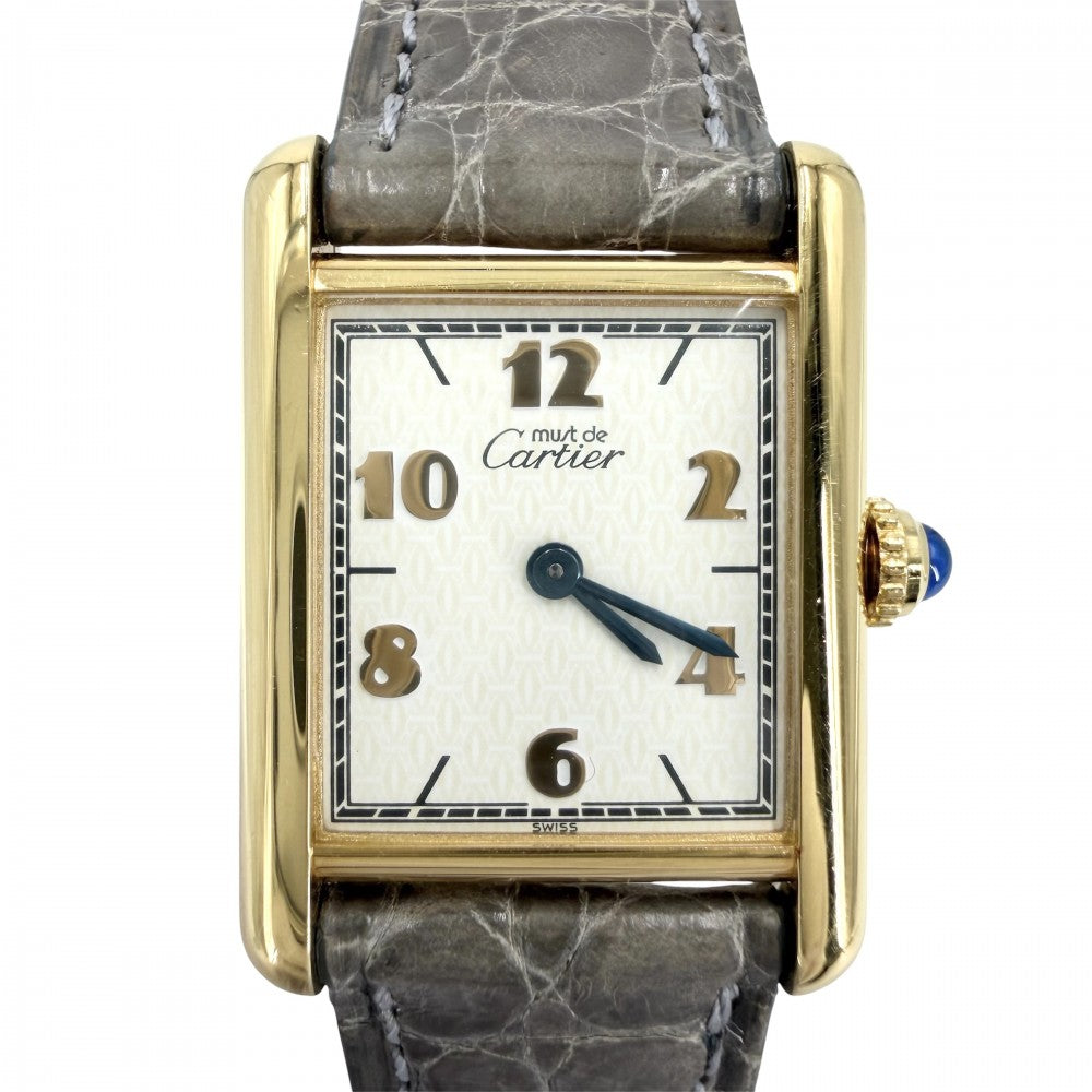 CARTIER カルティエ 腕時計 マストタンク SM ヴェルメイユ ウォッチ アラビア文字盤 182709 クオーツ レザー ステンレススチール シルバー925 グレー系 ゴールド レディース【中古品】