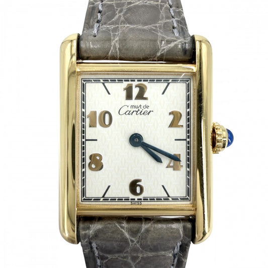 CARTIER カルティエ 腕時計 マストタンク SM ヴェルメイユ ウォッチ アラビア文字盤 182709 クオーツ レザー ステンレススチール シルバー925 グレー系 ゴールド レディース【中古品】