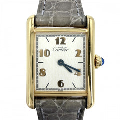 CARTIER カルティエ 腕時計 マストタンク SM ヴェルメイユ ウォッチ アラビア文字盤 182709 クオーツ レザー ステンレススチール シルバー925 グレー系 ゴールド レディース【中古品】