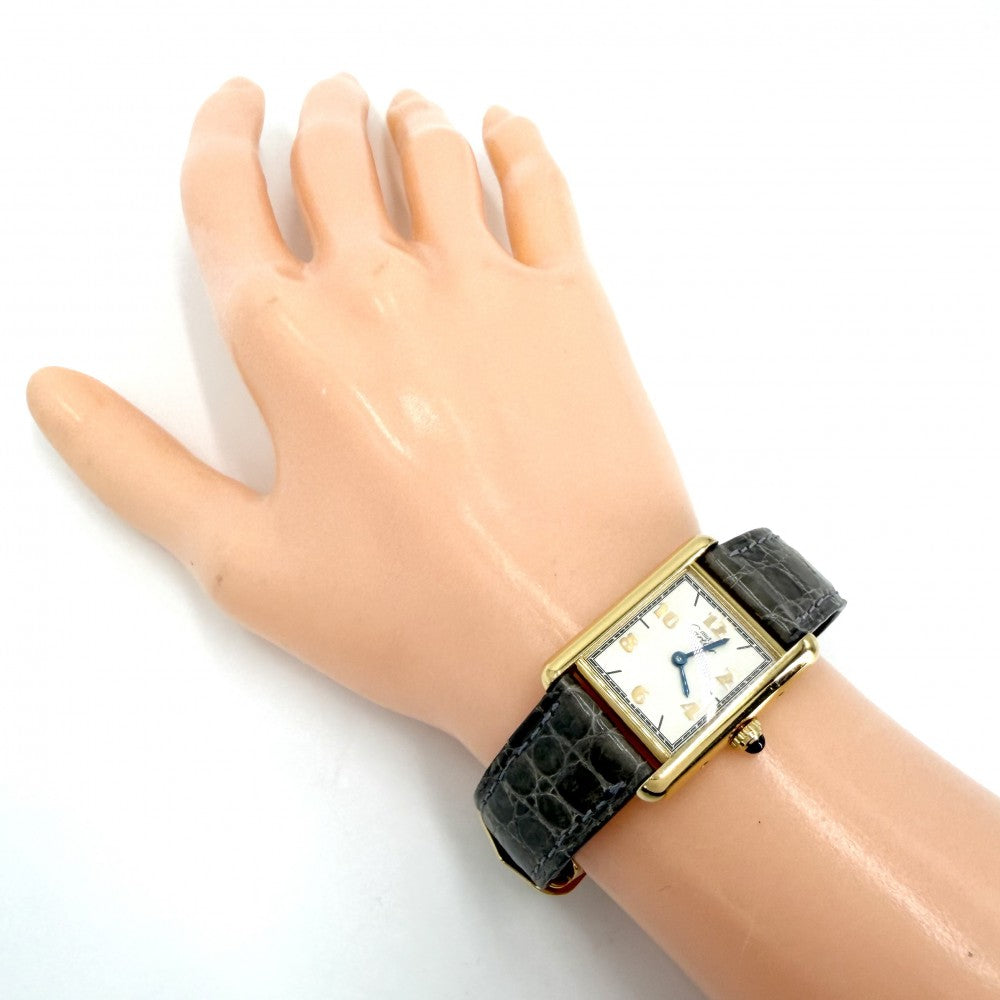 CARTIER カルティエ 腕時計 マストタンク SM ヴェルメイユ ウォッチ アラビア文字盤 182709 クオーツ レザー ステンレススチール シルバー925 グレー系 ゴールド レディース【中古品】
