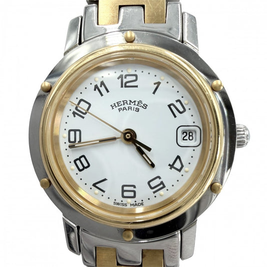 HERMES エルメス 腕時計 クリッパー Hモチーフ デイト コンビ SS 電池式 CL4.220 クオーツ ステンレススチール GP シルバー ゴールド レディース【中古品】