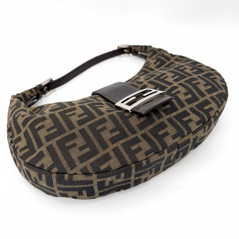 FENDI フェンディ ハンドバッグ ムーンバッグ セミショルダーバッグ ズッカ柄 かばん 鞄 0916321001 キャンバス レザー ブラウン 茶 シルバー金具 レディース【中古品】