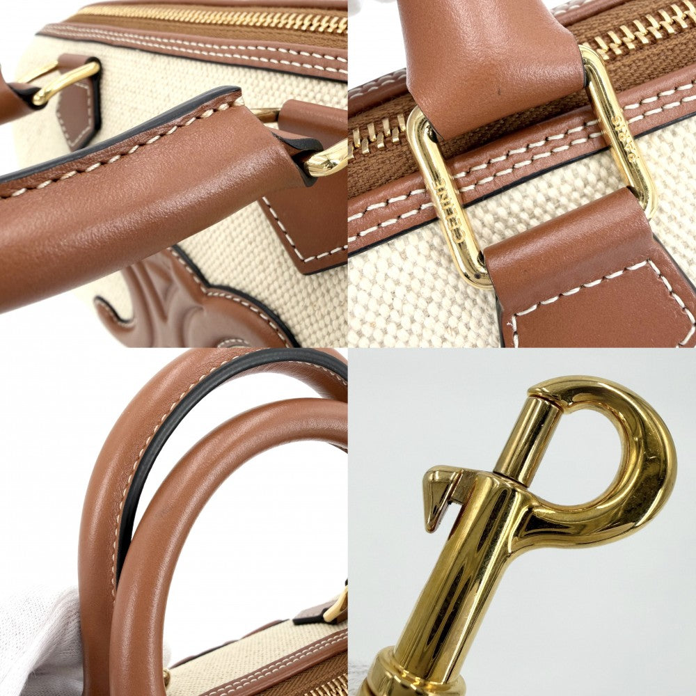 CELINE セリーヌ 2WAY トリオンフ キュイルスモール ミニボストン ショルダーバッグ 197582EFL.02NT キャンバス レザー ベージュ ブラウン 茶 ゴールド金具 レディース【中古品】