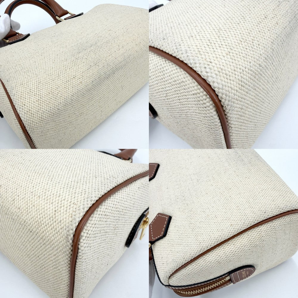 CELINE セリーヌ 2WAY トリオンフ キュイルスモール ミニボストン ショルダーバッグ 197582EFL.02NT キャンバス レザー ベージュ ブラウン 茶 ゴールド金具 レディース【中古品】