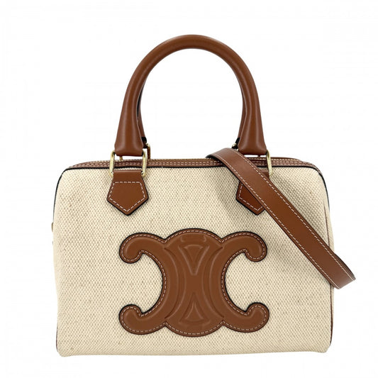 CELINE セリーヌ 2WAY トリオンフ キュイルスモール ミニボストン ショルダーバッグ 197582EFL.02NT キャンバス レザー ベージュ ブラウン 茶 ゴールド金具 レディース【中古品】