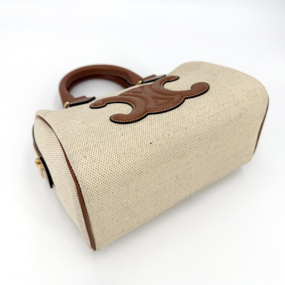 CELINE セリーヌ 2WAY トリオンフ キュイルスモール ミニボストン ショルダーバッグ 197582EFL.02NT キャンバス レザー ベージュ ブラウン 茶 ゴールド金具 レディース【中古品】
