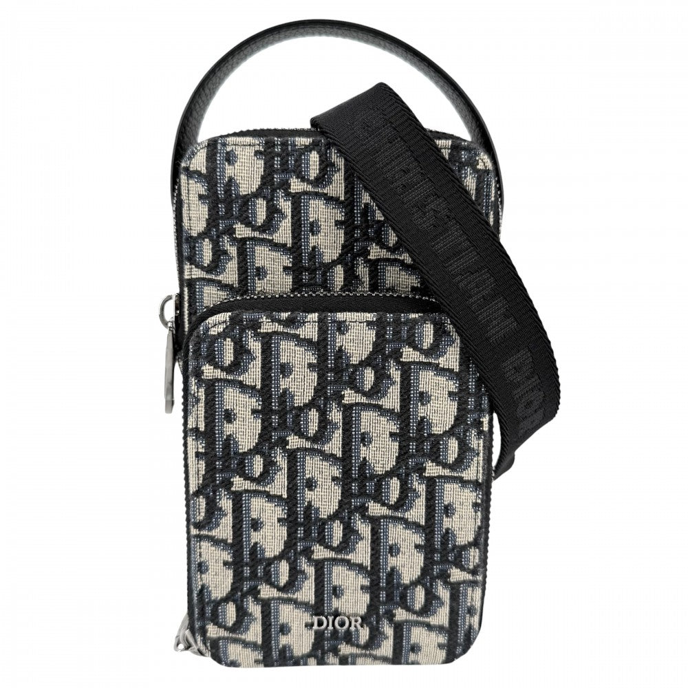 Christian Dior クリスチャンディオール ショルダーバッグ オブリーク RIDERマイクロポーチ ミニバッグ 2WAY キャンバス レザー ネイビー 紺 シルバー金具 メンズ【中古品】