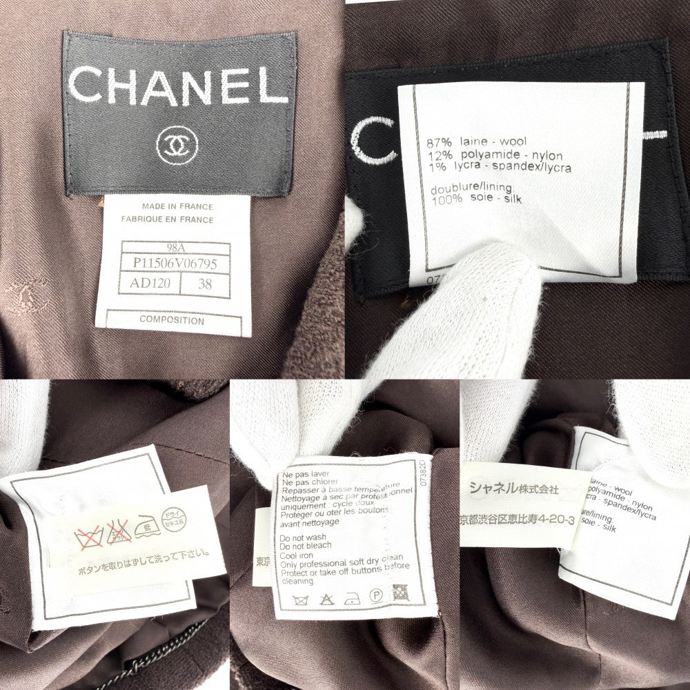 CHANEL シャネル セットアップ ジャケット スカート ヴィンテージ アパレル 服 38 ブラウン 茶 秋 冬 ウール ナイロン スパンデックス レディース 1998年【中古品】