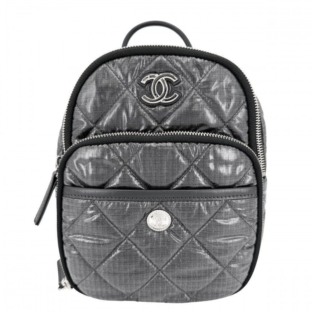 CHANEL シャネル リュック マトラッセ ココ ネージュ チェーンショルダー ラメ バックパック ココマーク ナイロン グレー シルバー金具 レディース【中古品】