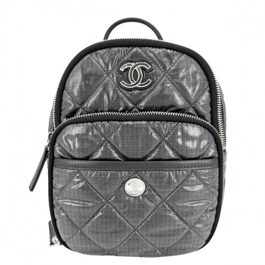 CHANEL シャネル リュック マトラッセ ココ ネージュ チェーンショルダー ラメ バックパック ココマーク ナイロン グレー シルバー金具 レディース【中古品】