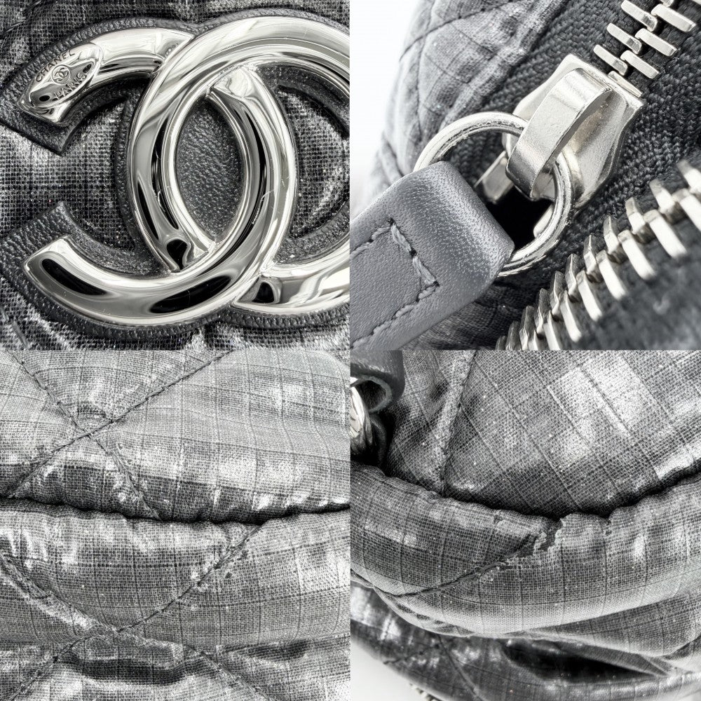CHANEL シャネル リュック マトラッセ ココ ネージュ チェーンショルダー ラメ バックパック ココマーク ナイロン グレー シルバー金具 レディース【中古品】