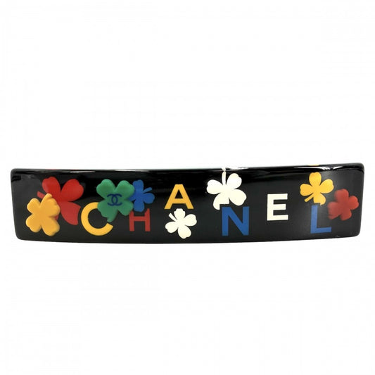 CHANEL シャネル ヘアアクセサリー バレッタ ロゴ アクセサリー ファッションアイテム ヘアクリップ クローバー 04P ブラック 黒 マルチカラー シルバー金具 レディース 約23.1g 2004年【中古品】